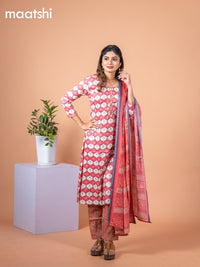 Rayon cotton salwar suit reddish pink and off white with allover prints & mirror work neck pattern and straight cut pant & dupatta