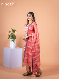 Rayon cotton salwar suit reddish pink and off white with allover prints & mirror work neck pattern and straight cut pant & dupatta