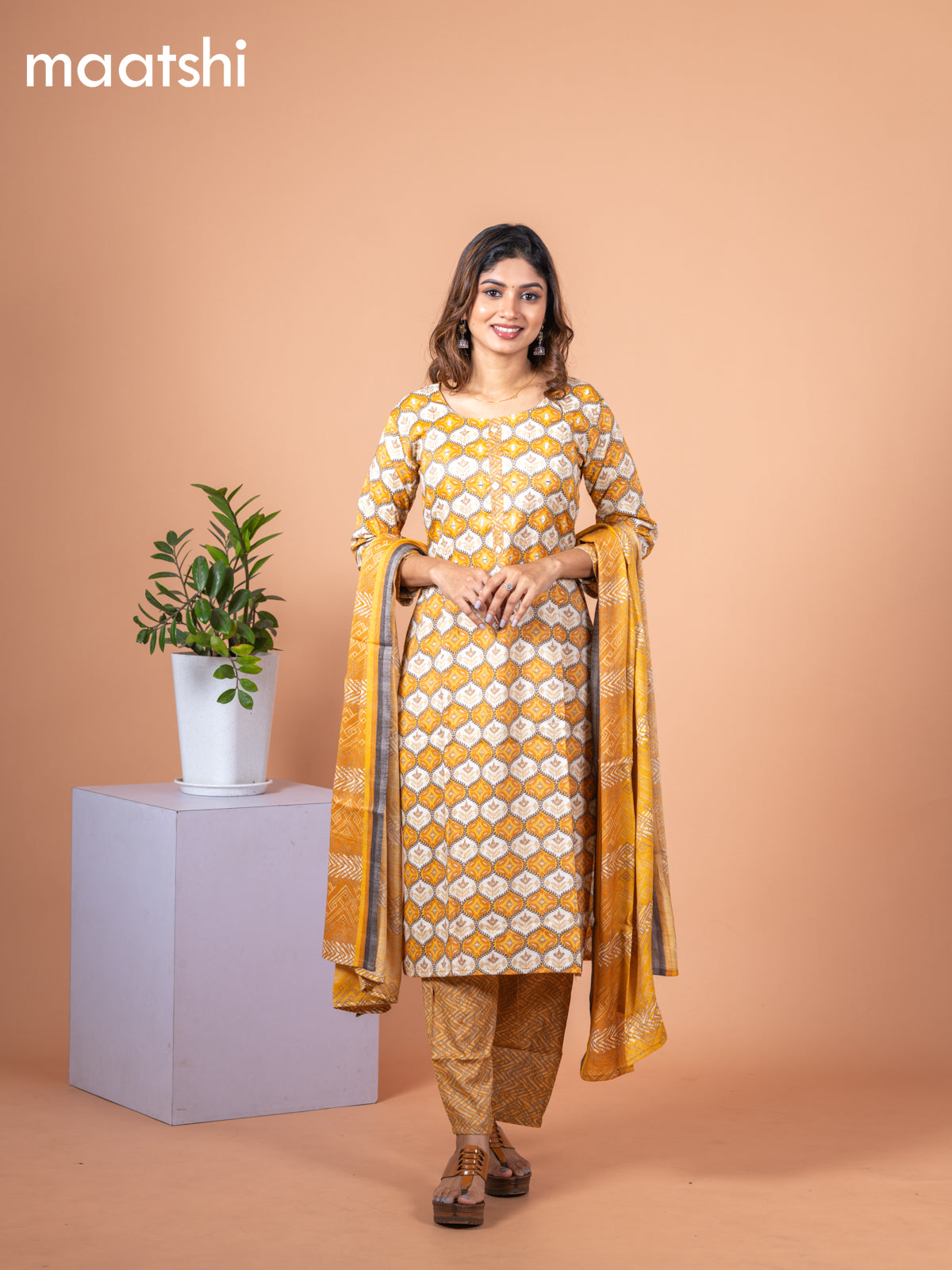 Rayon cotton salwar suit mustard yellow and off white with allover prints & mirror work neck pattern and straight cut pant & dupatta