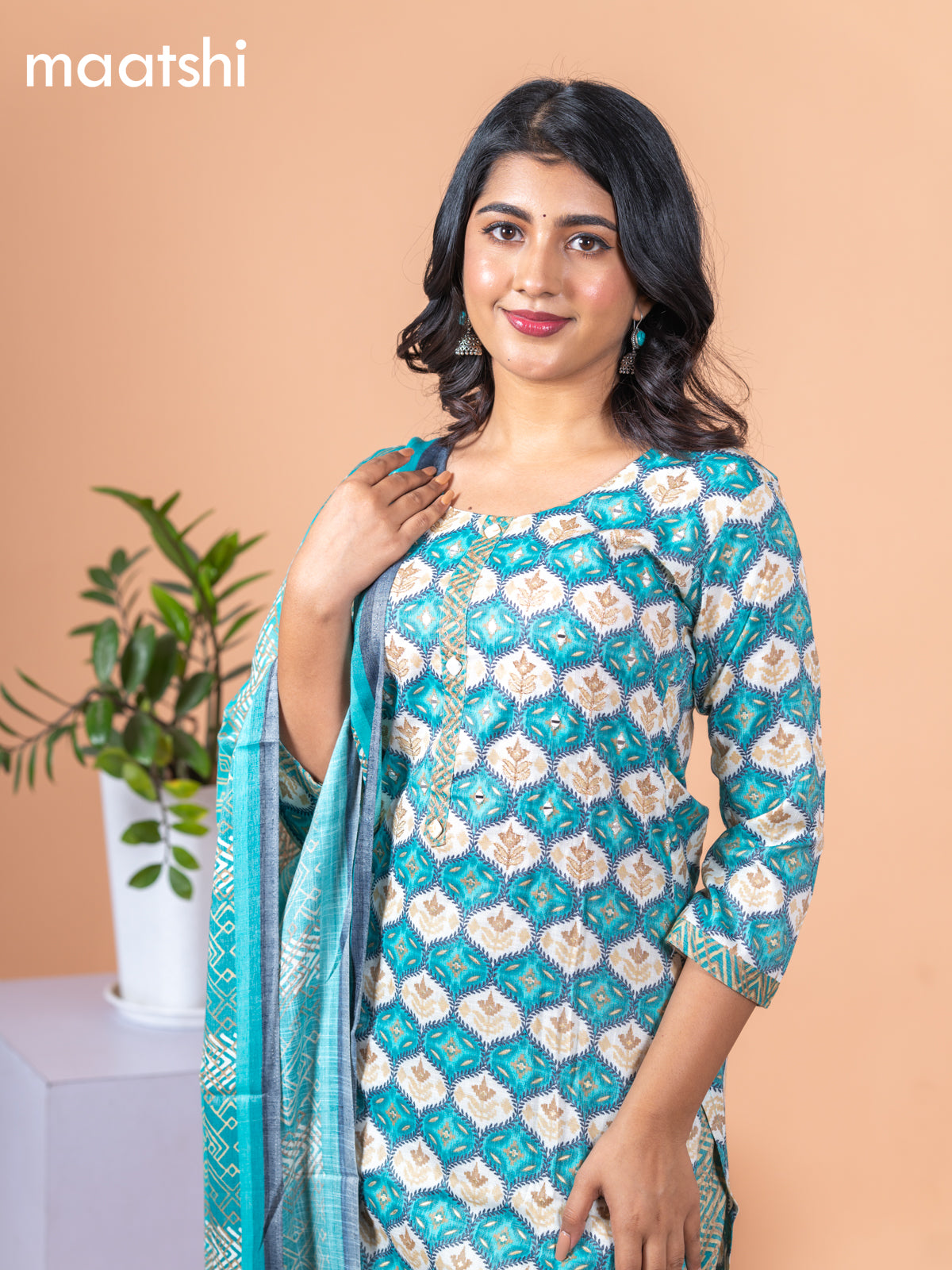 Rayon cotton salwar suit teal blue and off white with allover prints & mirror work neck pattern and straight cut pant & dupatta