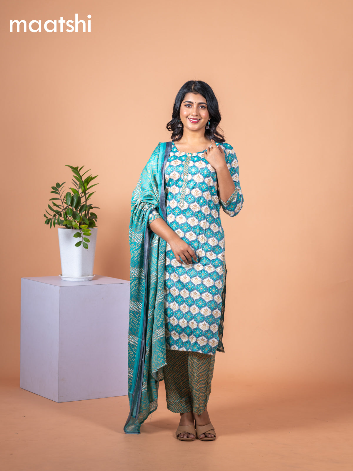 Rayon cotton salwar suit teal blue and off white with allover prints & mirror work neck pattern and straight cut pant & dupatta