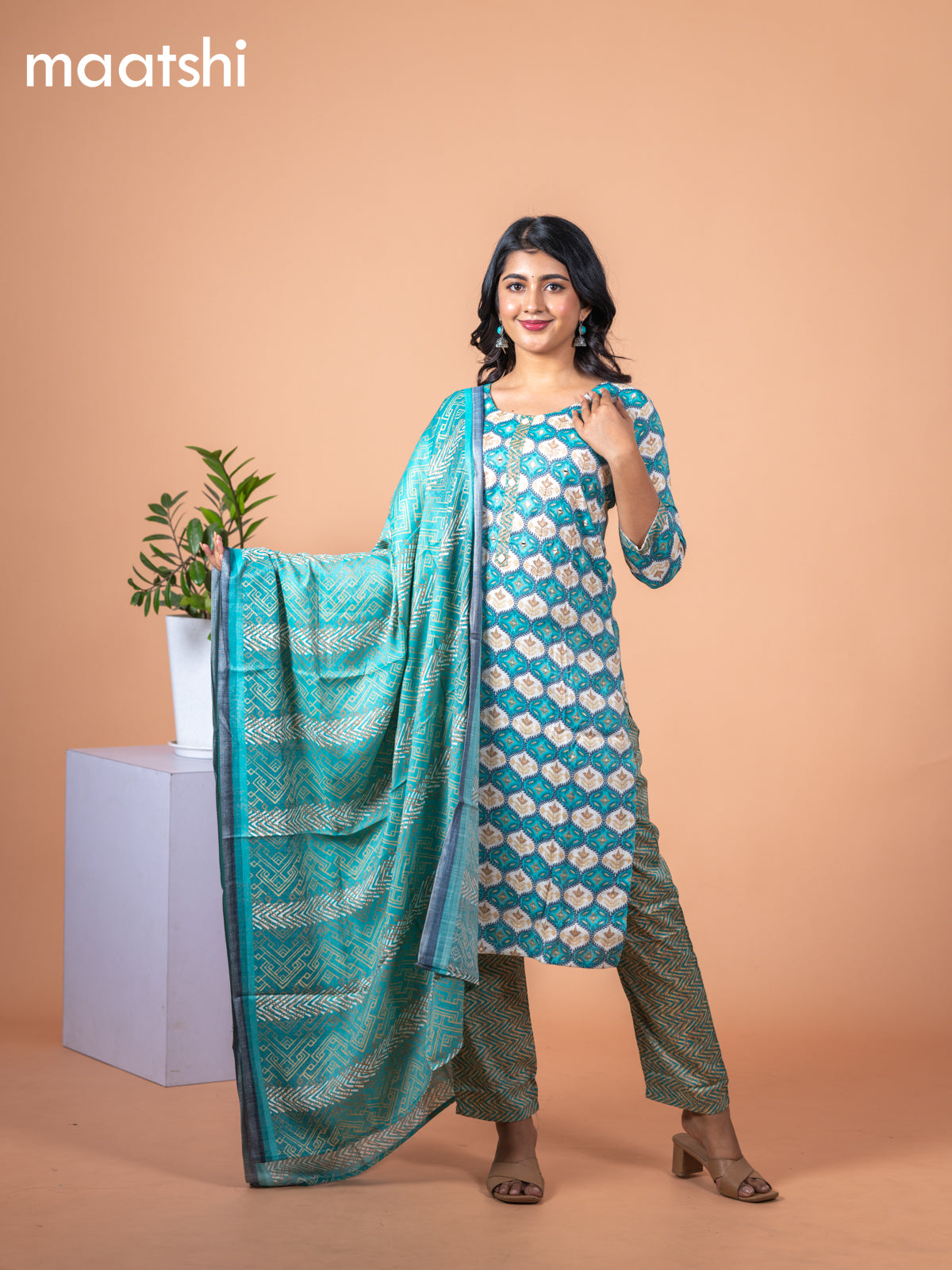 Rayon cotton salwar suit teal blue and off white with allover prints & mirror work neck pattern and straight cut pant & dupatta