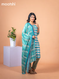 Rayon cotton salwar suit teal blue and off white with allover prints & mirror work neck pattern and straight cut pant & dupatta