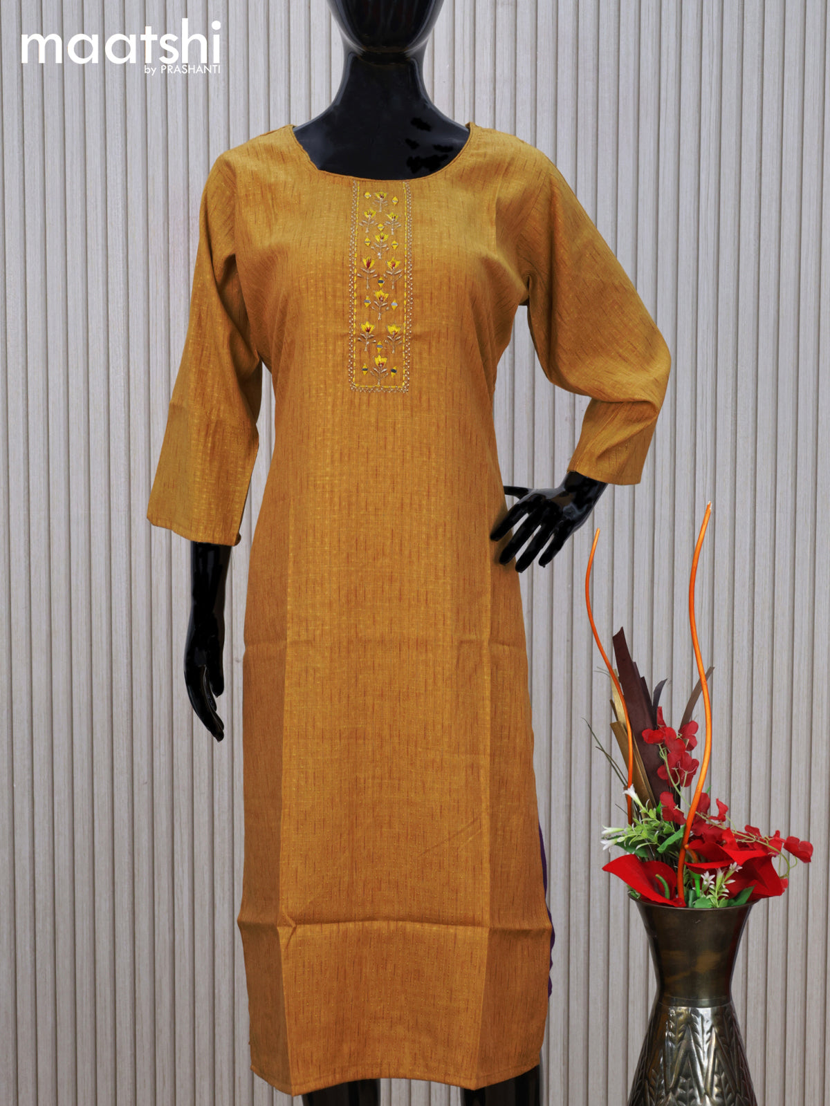 Cotton readymade kurti mustard yellow with embroidery mirror work neck pattern without pant