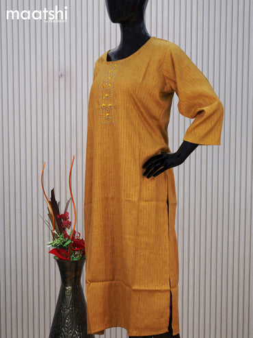 Cotton readymade kurti mustard yellow with embroidery mirror work neck pattern without pant