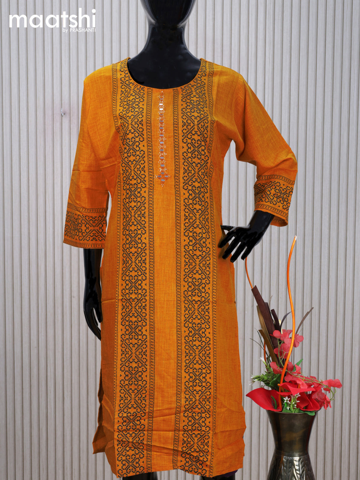 Cotton readymade kurti mustard yellow with allover prints & simple mirror work neck pattern without pant