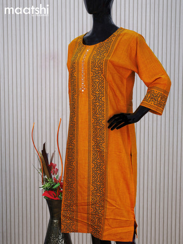 Cotton readymade kurti mustard yellow with allover prints & simple mirror work neck pattern without pant