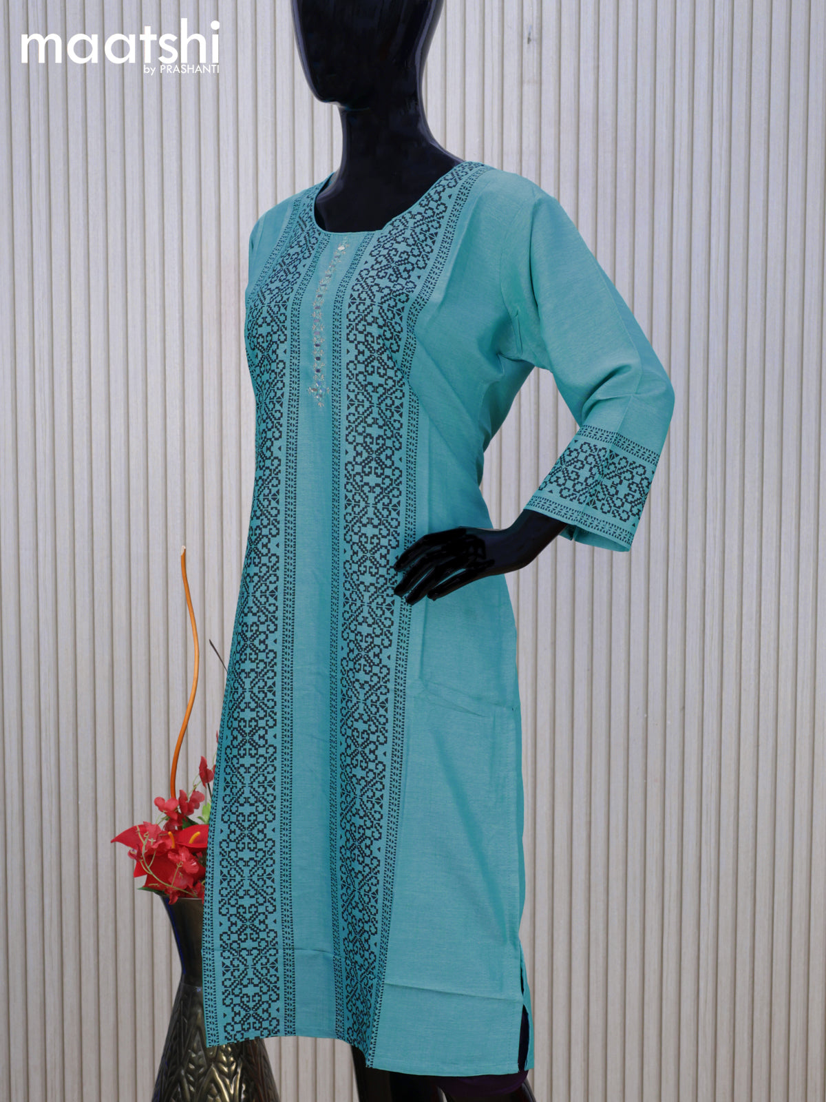 Cotton readymade kurti teal blue with allover prints & simple mirror work neck pattern without pant