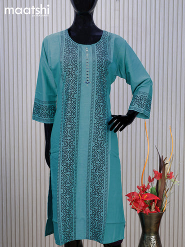 Cotton readymade kurti teal blue with allover prints & simple mirror work neck pattern without pant