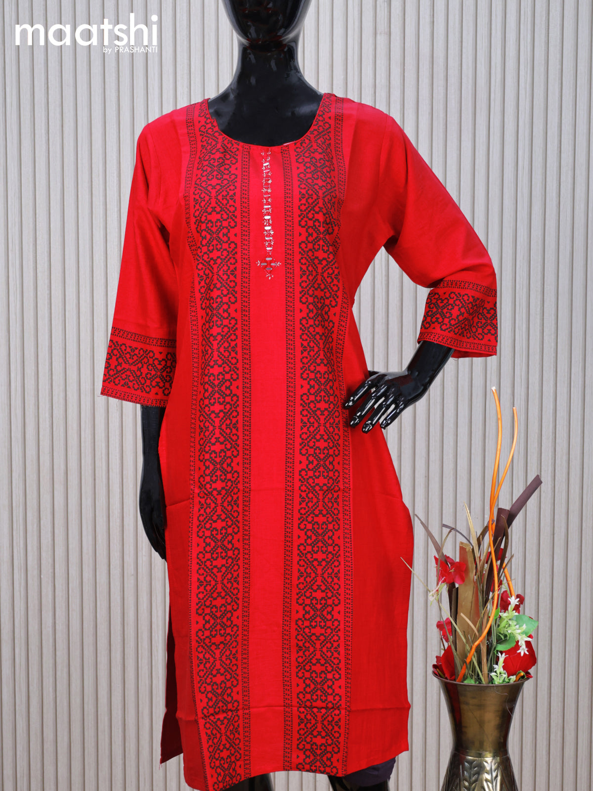 Cotton readymade kurti red with allover prints & simple mirror work neck pattern without pant