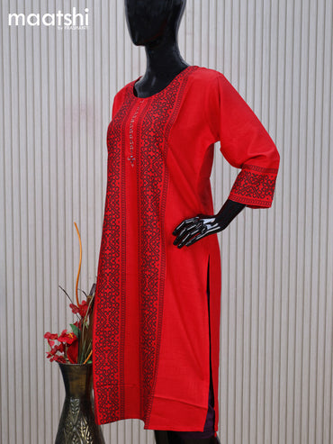 Cotton readymade kurti red with allover prints & simple mirror work neck pattern without pant