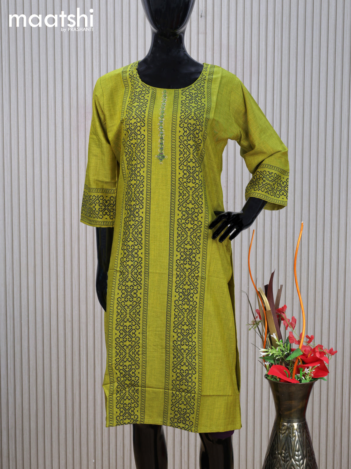 Cotton readymade kurti light green with allover prints & simple mirror work neck pattern without pant