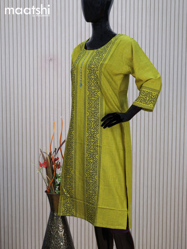 Cotton readymade kurti light green with allover prints & simple mirror work neck pattern without pant