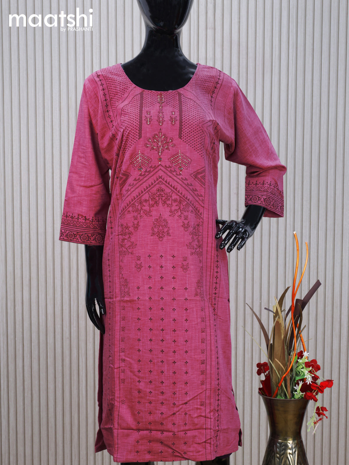 Cotton readymade kurti mauve pink with allover prints & mirror work neck pattern without pant