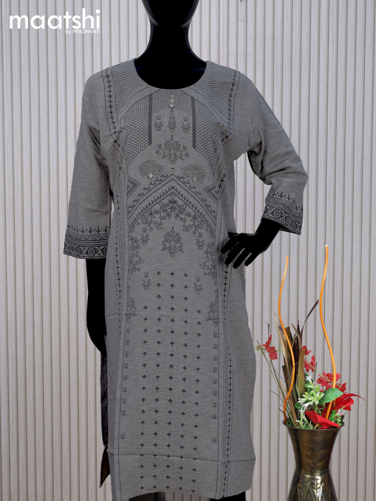 Cotton readymade kurti grey with allover prints & mirror work neck pattern without pant