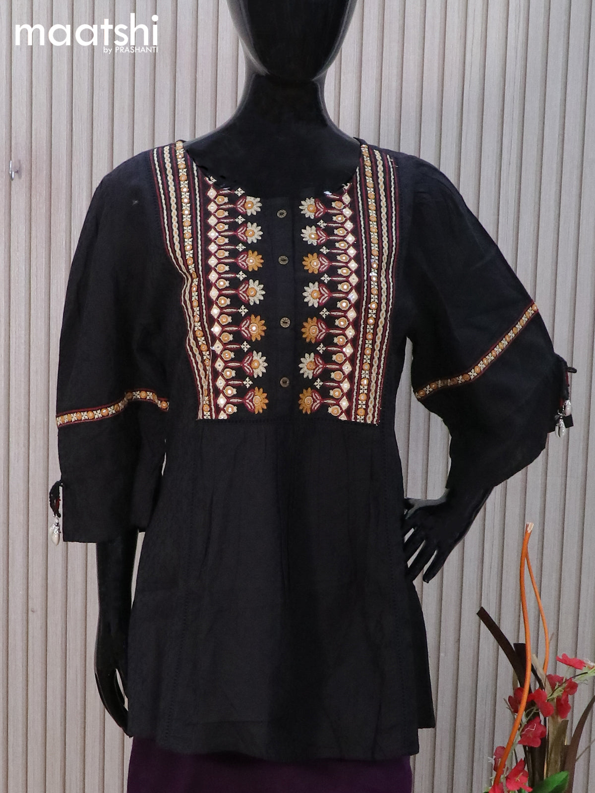 Cotton readymade tunic top black with allover thread weaves & mirror embroidery work neck pattern without pant