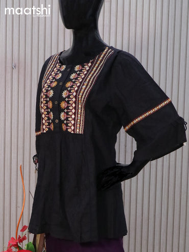 Cotton readymade tunic top black with allover thread weaves & mirror embroidery work neck pattern without pant