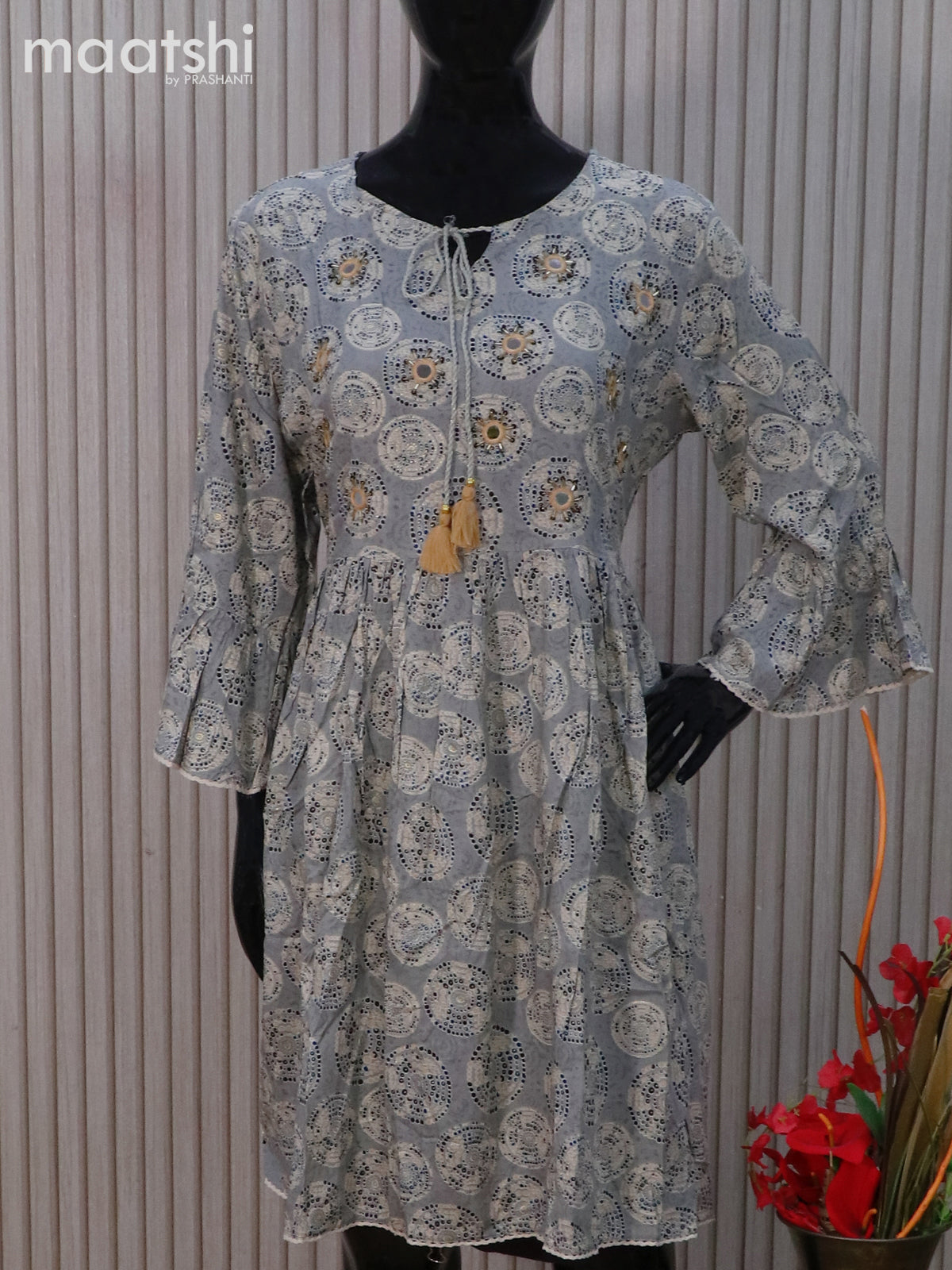 Cotton readymade tunic top grey with allover prints & mirror embroidery work neck pattern without pant