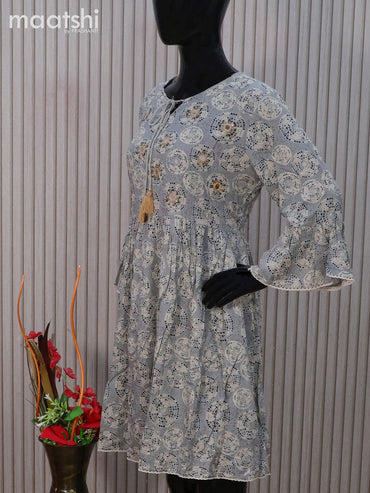 Cotton readymade tunic top grey with allover prints & mirror embroidery work neck pattern without pant