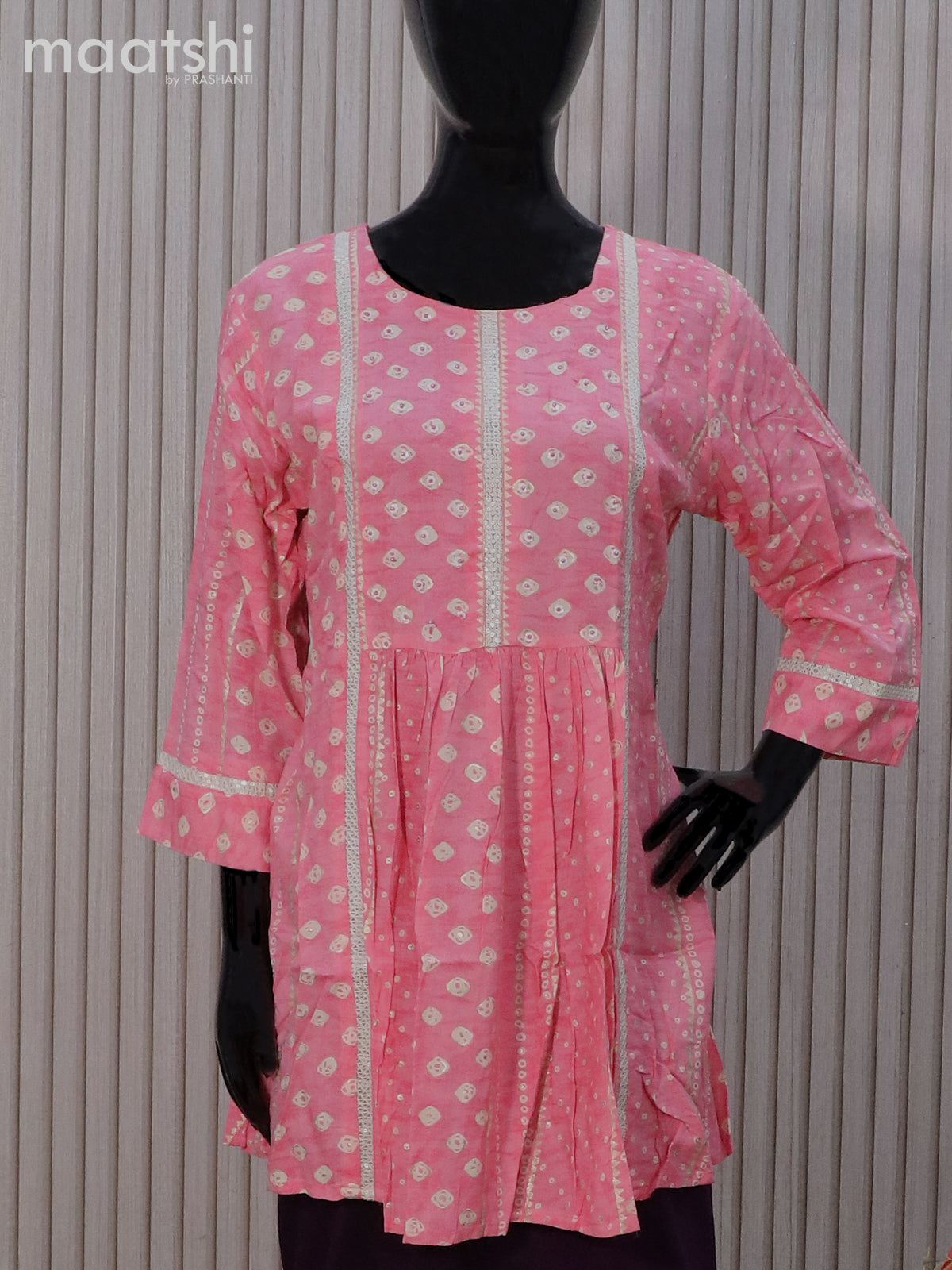 Cotton readymade tunic top pink with allover bandhani prints & beaded sequin work neck pattern without pant