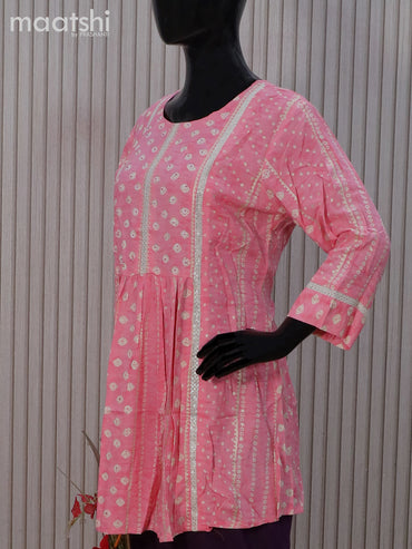 Cotton readymade tunic top pink with allover bandhani prints & beaded sequin work neck pattern without pant