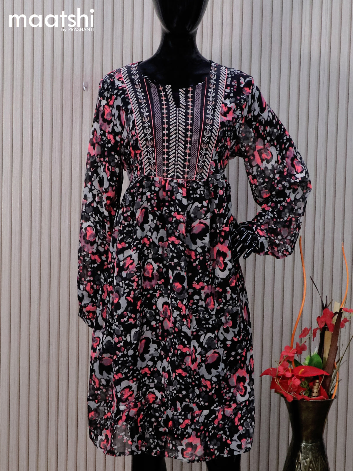 Chiffon readymade tunic top black with allover prints & embroidery work neck pattern without pant