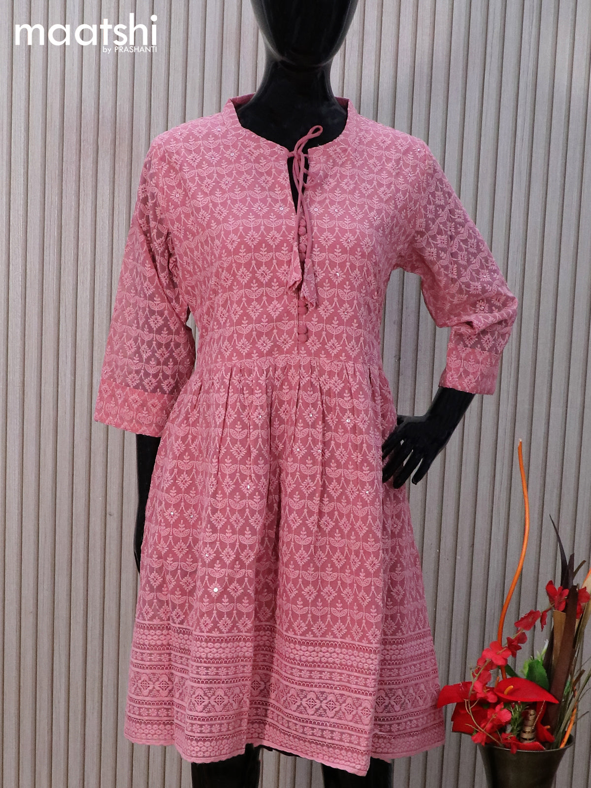 Semi georgette readymade tunic top mauve pink with allover chikankari work & simple neck pattern without pant