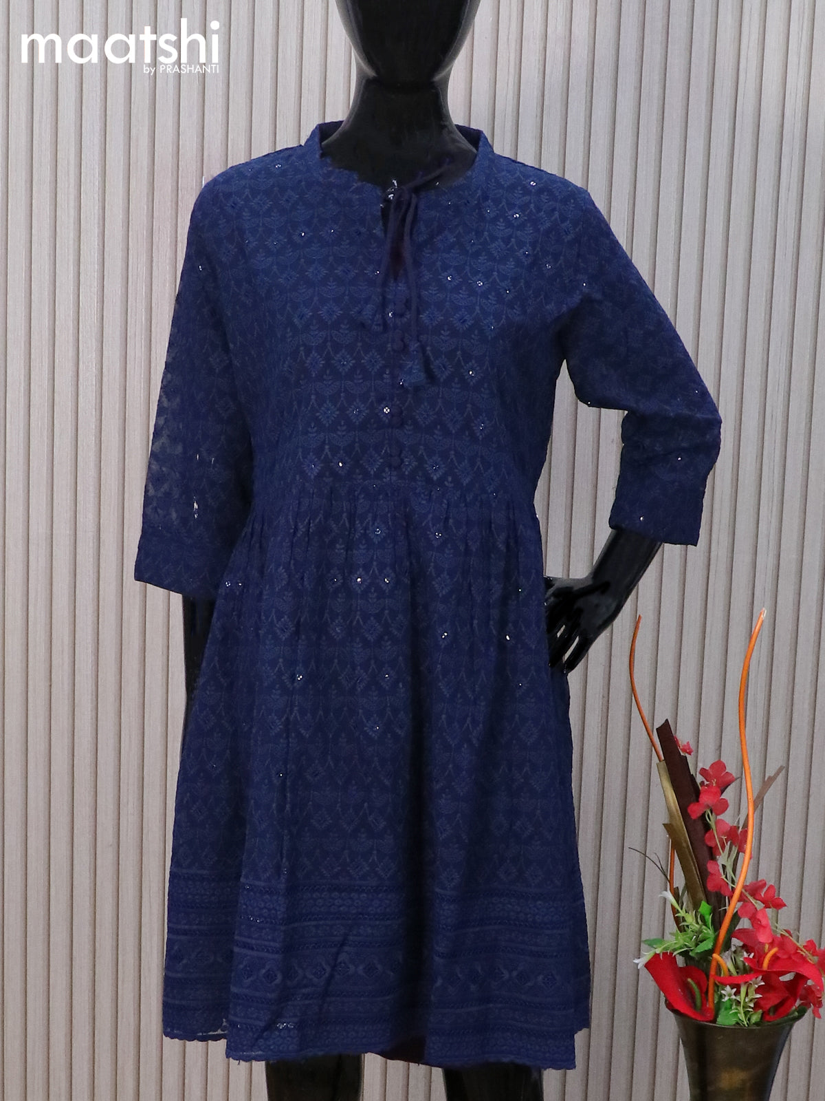 Semi georgette readymade tunic top navy blue with allover chikankari work & simple neck pattern without pant