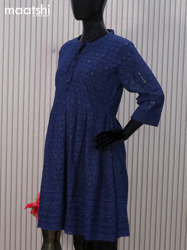 Semi georgette readymade tunic top navy blue with allover chikankari work & simple neck pattern without pant