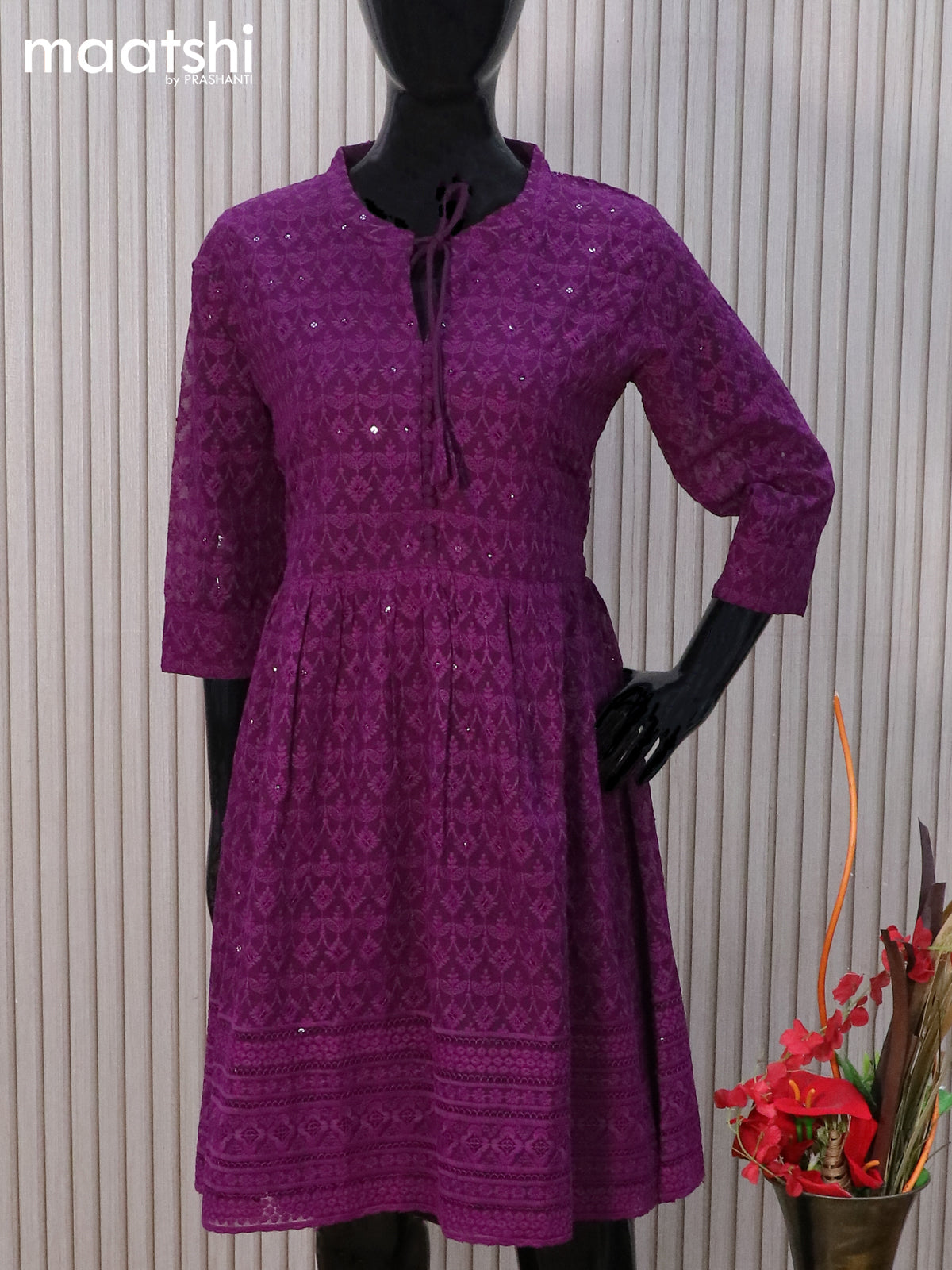 Semi georgette readymade tunic top dark purple with allover chikankari work & simple neck pattern without pant