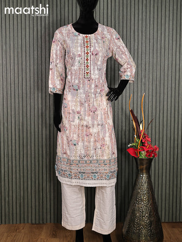 Cotton readymade salwar suit multi colour and cream with embroidery work & mirror work neck pattern and stright cut pant & chiffon dupatta