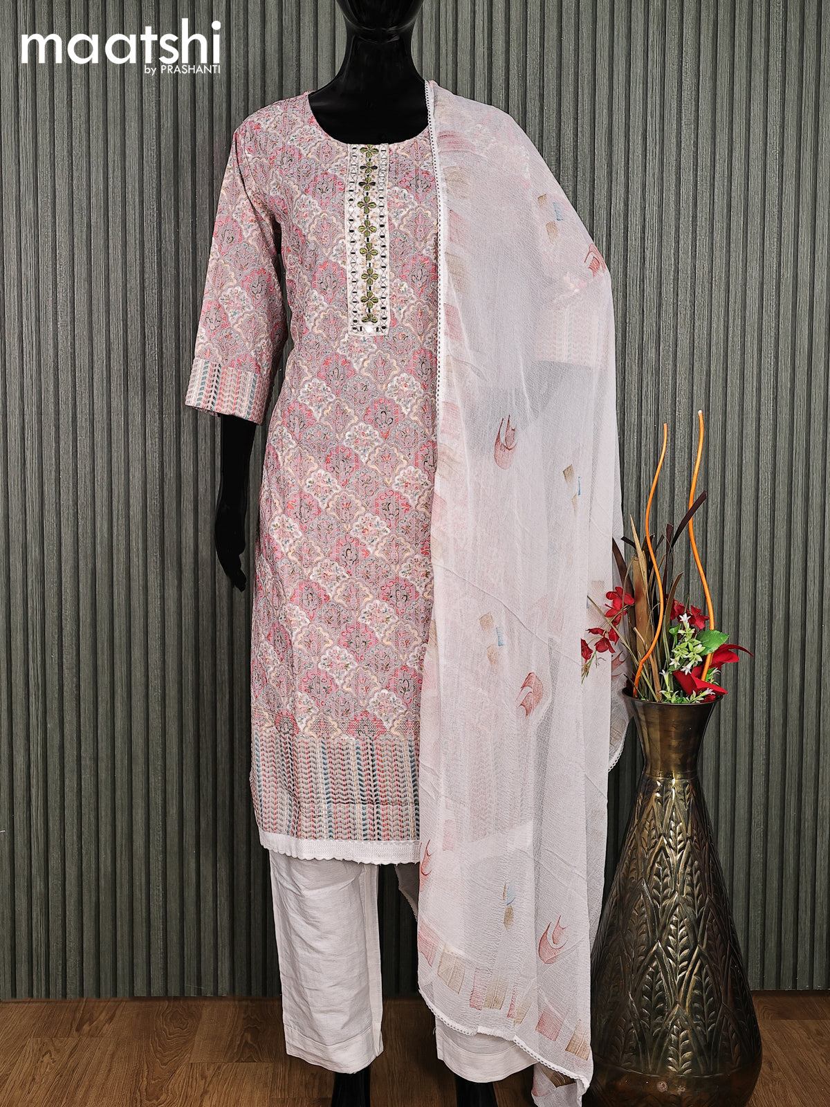 Cotton readymade salwar suit grey shade and off white with allover prints & embroidery work and stright cut pant & chiffon dupatta