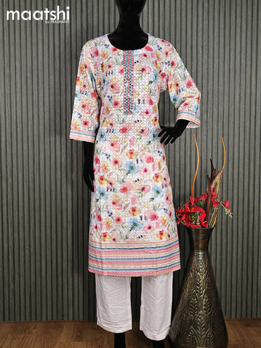 Cotton readymade salwar suit off white with floral prints & embroidery work and stright cut pant & chiffon dupatta