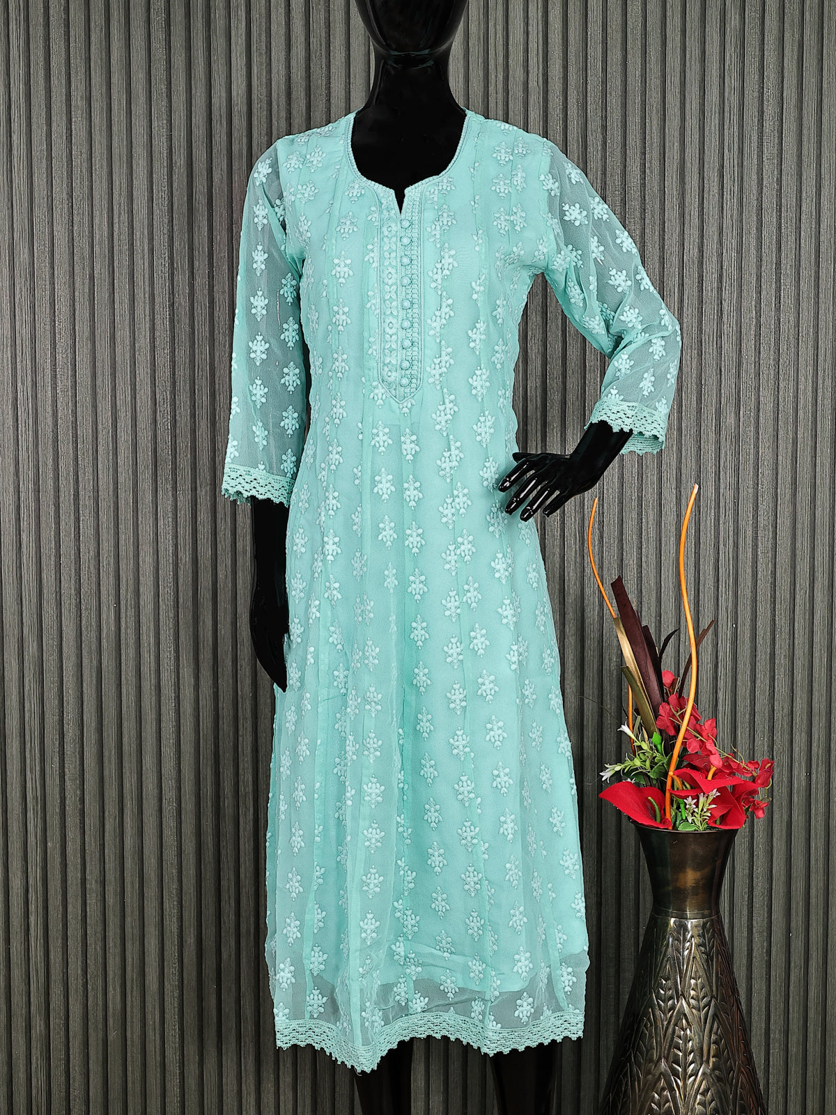 Semi georgette readymade anarkali kurti teal blue with allover chikankari work & simple neck pattern without pant