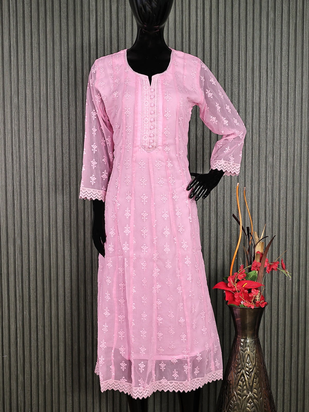 Semi georgette readymade anarkali kurti light pink with allover chikankari work & simple neck pattern without pant