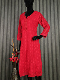 Semi georgette readymade anarkali kurti red with allover chikankari work & simple neck pattern without pant