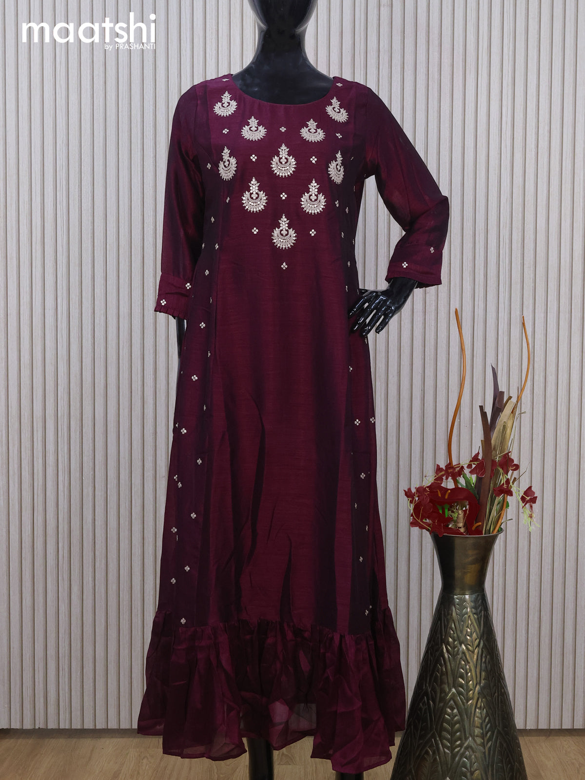 Chanderi readymade umbrella kurti dark purple with embroidery & sequin work neck pattern without pant