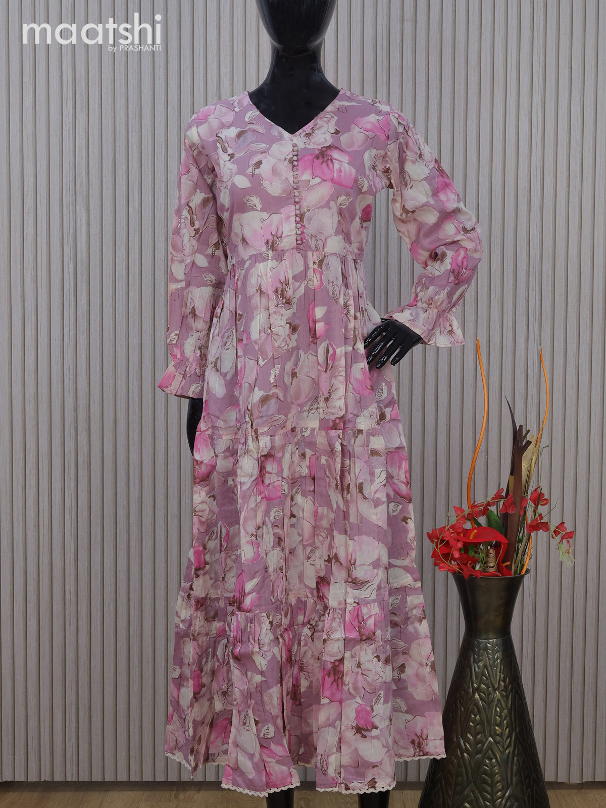 Cotton readymade umbrella kurti mauve pink with allover floral prints & simple neck pattern without pant