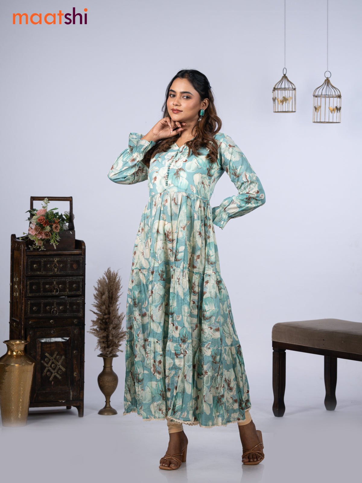 Cotton readymade umbrella kurti teal blue with allover floral prints & simple neck pattern without pant