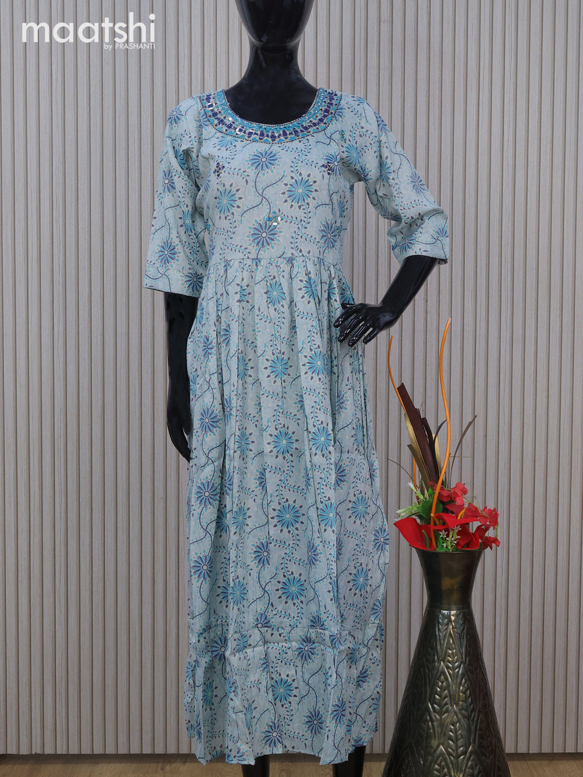 Rayon readymade umbrella kurti pastel blue with allover prints & mirror embroidery work neck pattern without pant