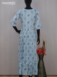 Rayon readymade umbrella kurti pastel blue with allover prints & mirror embroidery work neck pattern without pant