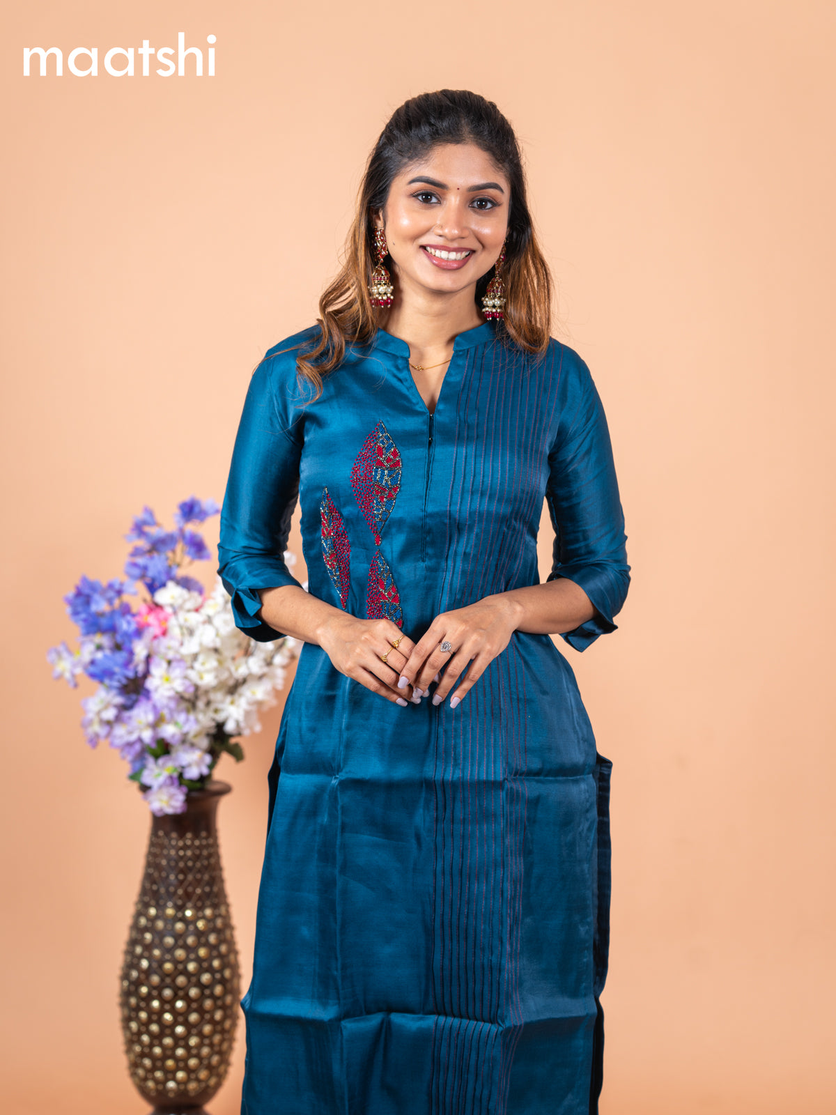 Chanderi readymade kurti peacock blue with embroidery & beaded work neck pattern without pant