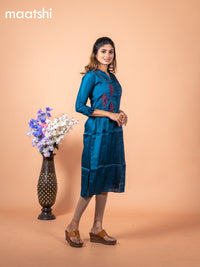 Chanderi readymade kurti peacock blue with embroidery & beaded work neck pattern without pant