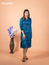 Chanderi readymade kurti peacock blue with embroidery & beaded work neck pattern without pant