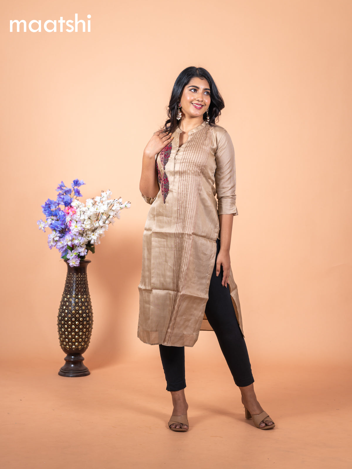 Chanderi readymade kurti beige with embroidery & beaded work neck pattern without pant