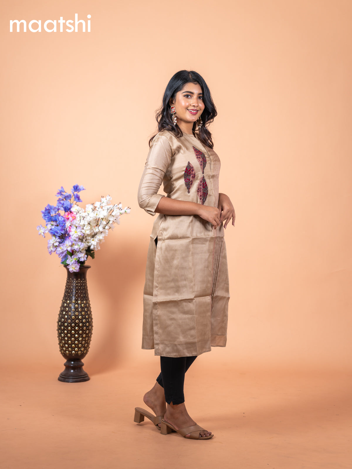 Chanderi readymade kurti beige with embroidery & beaded work neck pattern without pant