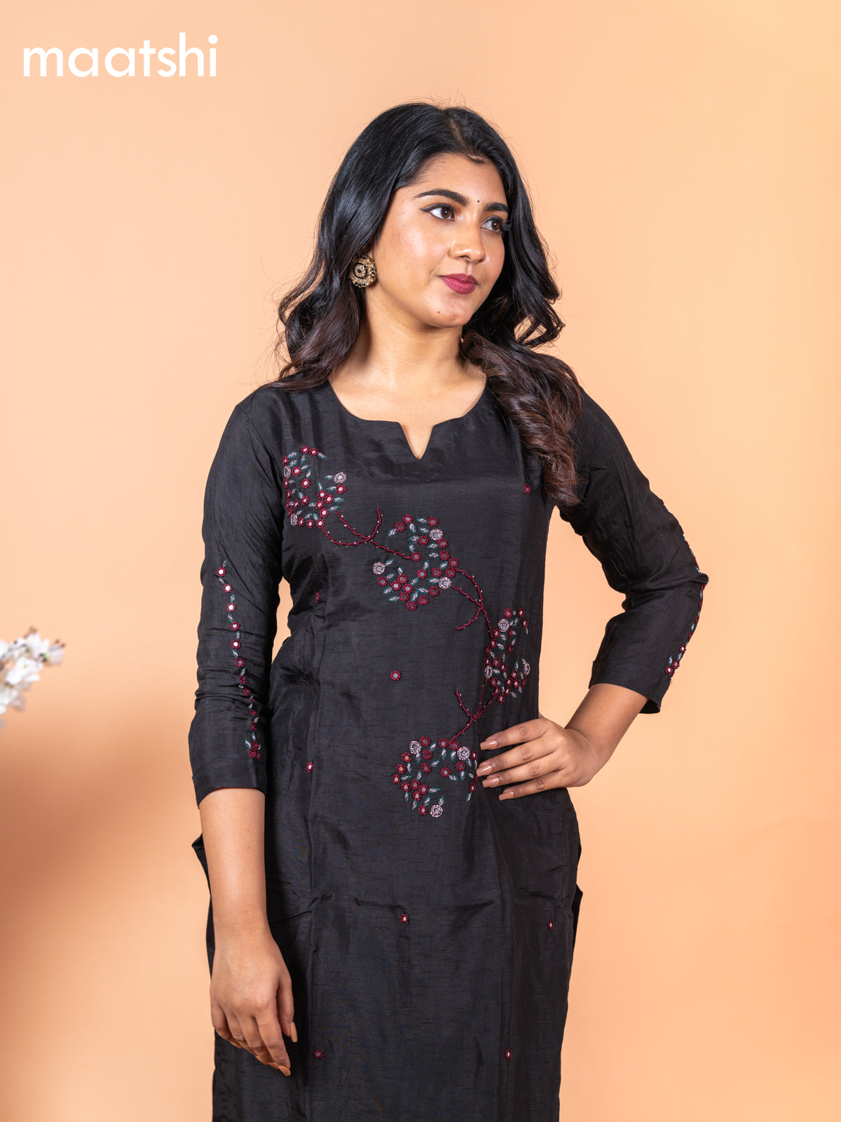 Chanderi readymade kurti black with allover mirror & embroidery work without pant