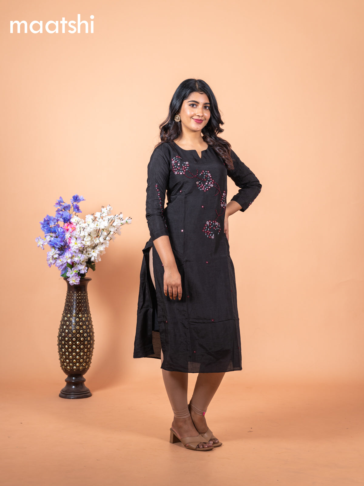 Chanderi readymade kurti black with allover mirror & embroidery work without pant