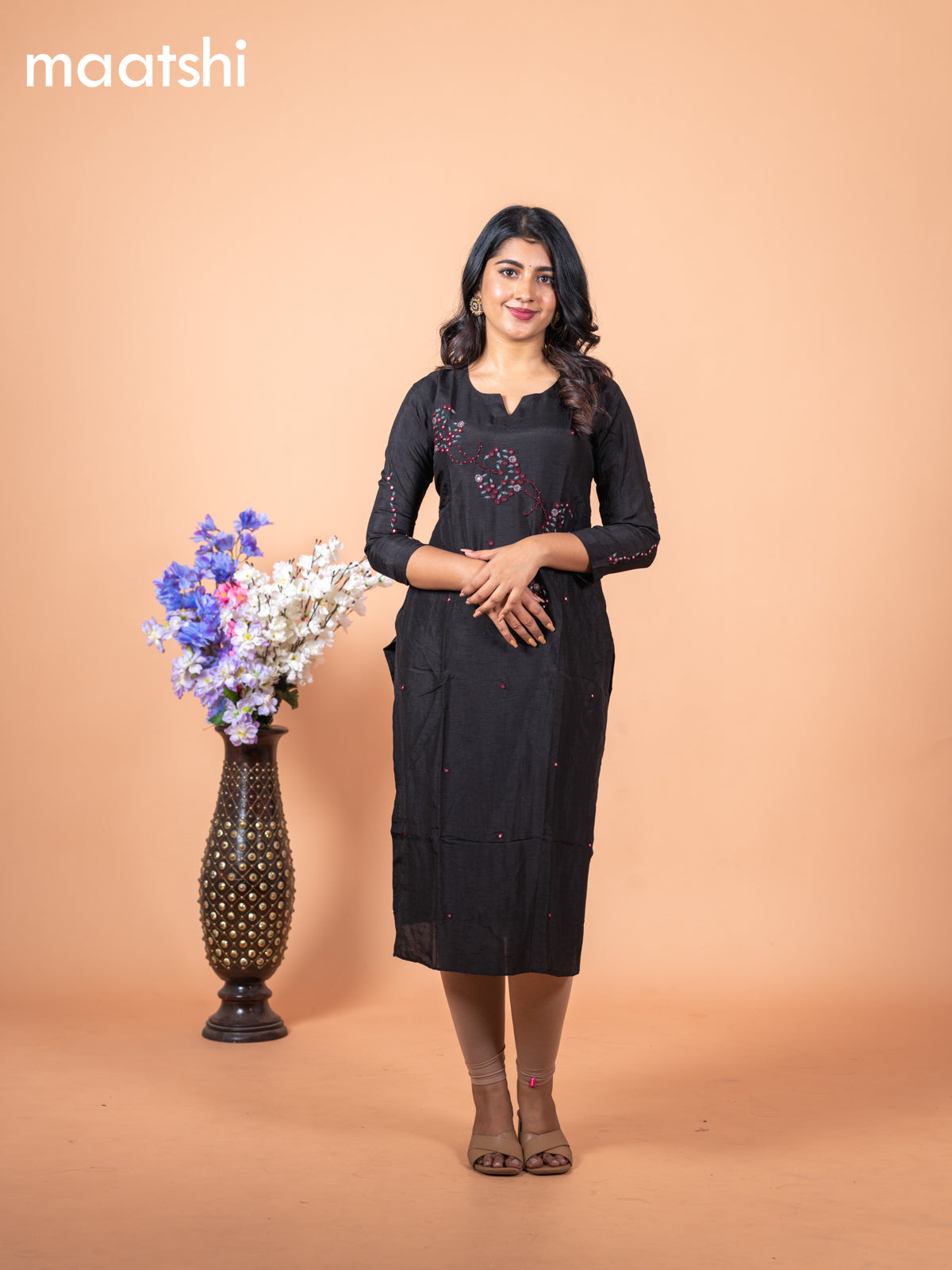 Chanderi readymade kurti black with allover mirror & embroidery work without pant