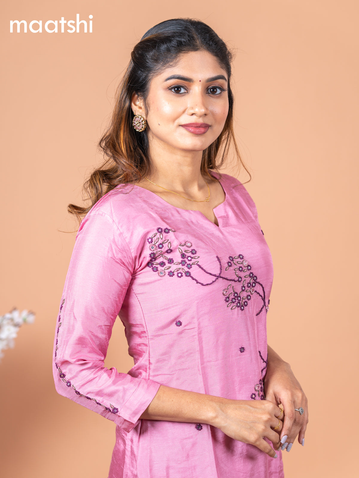 Chanderi readymade kurti mauve pink with allover mirror & embroidery work without pant